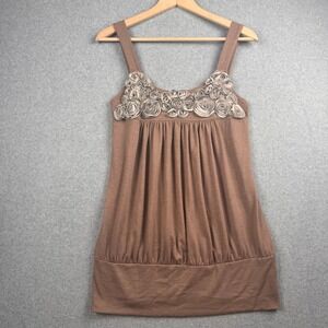 Vintage Y2K Top Womens Large Brown Rosette Wide‎ Band Bubble Tunic Hypnotized